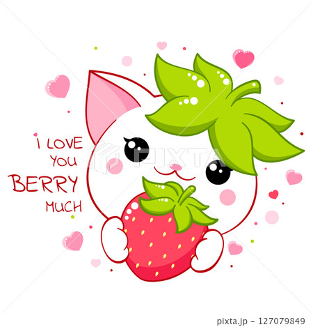 Cute cat with strawberry. Inscription I love you berry much. Kawaii little kitty and ripe red berry. Happy summer time card. Can be used for t-shirt print, sticker, greeting card design. Vector EPS8 127079849