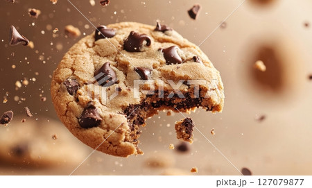 Delicious chocolate chip cookies, some falling or with a bite taken, with chocolate chunks. 127079877