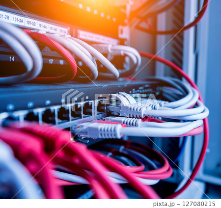Network switch and ethernet cables in red and white colors. Data Center 127080215