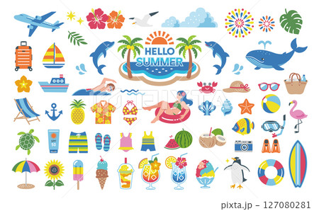 夏素材のイラストセット　旅行　飾り　夏休み　海水浴 127080281