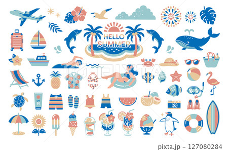 夏素材のイラストセット 旅行 飾り 夏休み 海水浴 夏素材のイラストセット 旅行 飾り 夏休み 海水浴 127080284