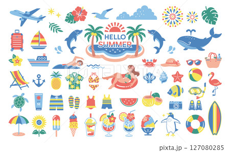 夏素材のイラストセット　旅行　飾り　夏休み　海水浴 127080285