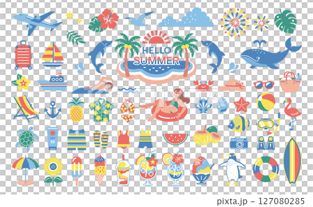 夏素材のイラストセット　旅行　飾り　夏休み　海水浴 127080285