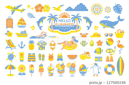 夏素材のイラストセット 旅行 飾り 夏休み 海水浴 夏素材のイラストセット 旅行 飾り 夏休み 海水浴 127080286