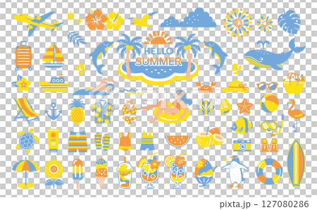 夏素材のイラストセット 旅行 飾り 夏休み 海水浴 夏素材のイラストセット 旅行 飾り 夏休み 海水浴 127080286