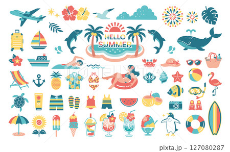 夏素材のイラストセット 旅行 飾り 夏休み 海水浴 夏素材のイラストセット 旅行 飾り 夏休み 海水浴 127080287