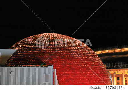 EXPO2025大阪・関西万博のイタリア庭園から見る夜のシンガポール館と大屋根リング EXPO2025大阪・関西万博のイタリア庭園から見る夜のシンガポール館と大屋根リング 127081124
