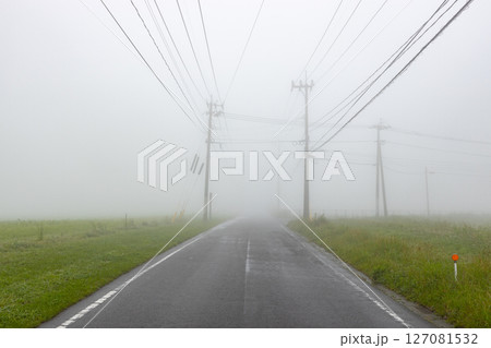 濃霧のために視界不良になっている道路の素材写真 127081532