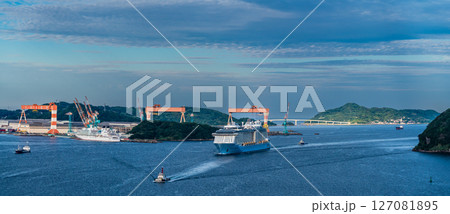 長崎港客船入港(Spectrum of the Seas)女神大橋から パノラマ【長崎市】 長崎港客船入港(Spectrum of the Seas)女神大橋から パノラマ【長崎市】 127081895