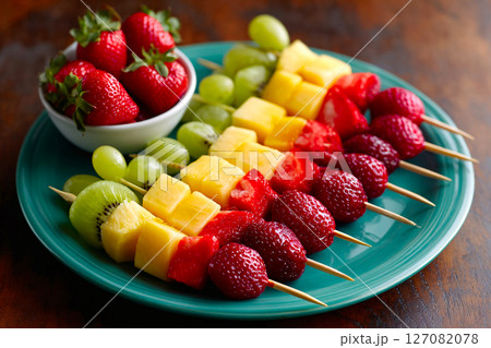 fun fruit kabobs with a rainbow of colors, emphasizing creative snack ideas for kids and adults 127082078