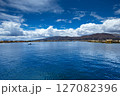 Totora boat on the Titicaca lake near Puno, Peru 127082396
