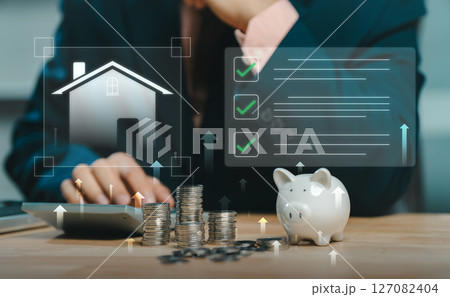 Real estate concept business. Manage your money and savings plan to buy the best home. purchasing a house and saving money. Buy and sell houses and real estate online concept. 127082404