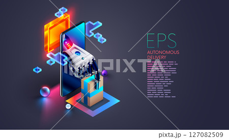 The AI manages the logistics, delivery of the online store. The robot or Cyborg hand gives the order box to customer from screen phone. Artificial Intelligence delivery. Delivery service automation. 127082509