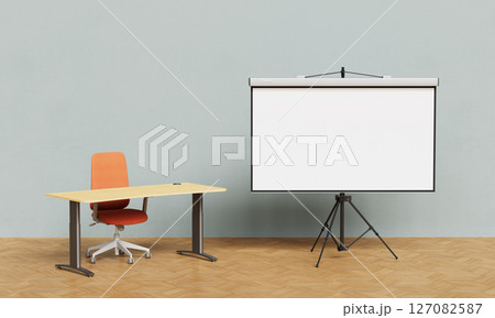 Presentation Setup with Projection Screen, Desk, and Chair Mock up. 3D Rendering. Presentation Setup with Projection Screen, Desk, and Chair Mock up. 3D Rendering. 127082587