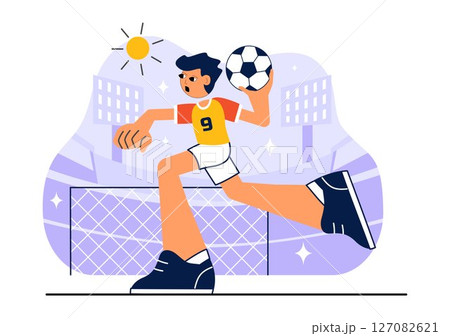 Handball Vector Illustration Featuring a Player Touching the Ball and Scoring a Goal During a Sports Competition in a Flat Style Cartoon Background Handball Vector Illustration Featuring a Player Touching the Ball and Scoring a Goal During a Sports Competition in a Flat Style Cartoon Background 127082621