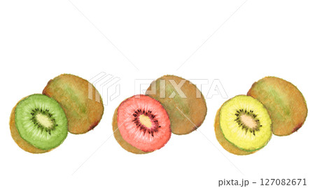 水彩で描いたフレッシュな三種のキウイフルーツのイラスト素材【手描き】白バック 切り抜き用   127082671