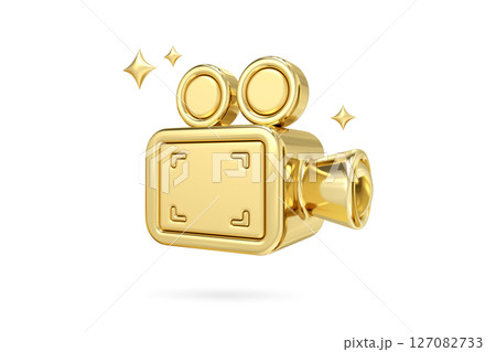 Golden Video Icon, A shining representation of a vintage film camera, rendered in luxurious gold, symbolizes the allure and prestige of filmmaking and visual storytelling, 3d rendering 127082733
