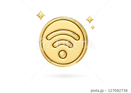 Golden Wifi Symbol, A gleaming gold wifi symbol, rendered with sparkling stars, represents connectivity, speed, and premium service, 3d rendering 127082736