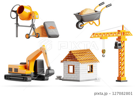 Construction site 3d set with block house, crane, excavator, concrete mixer, cement bag, sand pile, wheelbarrow. Heavy industrial machinery and building materials isolated render icon. 3D illustration 127082801
