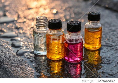 transparent aroma oil bottle with sunlight and water drops, natural clarity 127082837