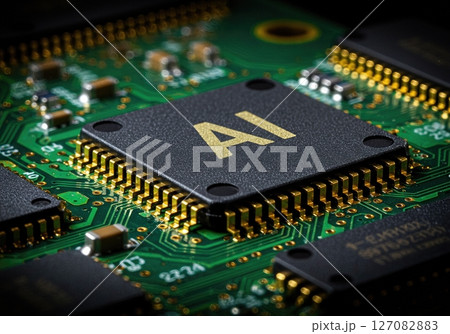 AI Microchip on Circuit Board Closeup Artificial Intelligence Hardware Machine Learning Processor Futuristic Technology Concept 127082883