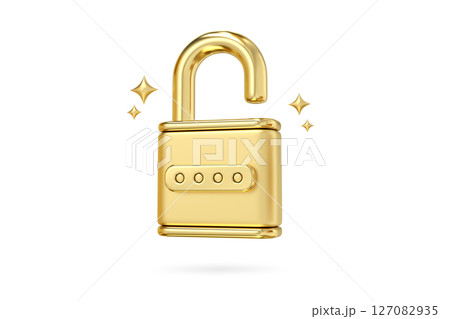 Golden Unlocked Padlock, A gleaming symbol of access and security, this 3D rendering of an unlocked padlock shimmers with potential 127082935