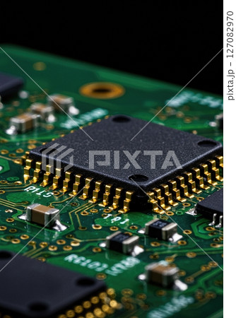 High Resolution Macro Close Up of Modern Microchip on Green Printed Circuit Board with Gold Connectors and Electronic Components for Technology Concepts 127082970