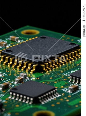 High Resolution Macro Close Up of Modern Microchip on Green Printed Circuit Board with Gold Connectors and Electronic Components for Technology Concepts 127082971