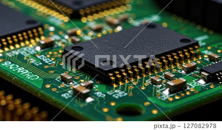 High Resolution Macro Close Up of Modern Microchip on Green Printed Circuit Board with Gold Connectors and Electronic Components for Technology Concepts 127082978