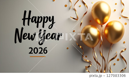 Festive Happy New Year 2026 Celebration with Golden Balloons and Confetti 127083306