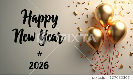 Elegant New Year 2026 Celebration with Golden Balloons and Confetti Decorations Elegant New Year 2026 Celebration with Golden Balloons and Confetti Decorations 127083307