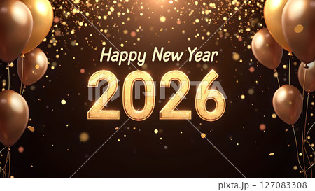 Elegant happy new year 2026 illustration with golden balloons and confetti 127083308