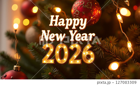 Festive Happy New Year 2026 Celebration with Ornamented Christmas Tree and Lights 127083309