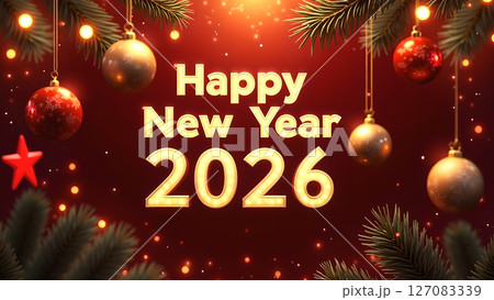 Festive Happy New Year 2026 Celebration with Christmas Decorations and Sparkling Lights 127083339