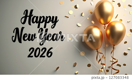 Elegant Happy New Year 2026 Celebration with Golden Balloons and Confetti Backdrop 127083348