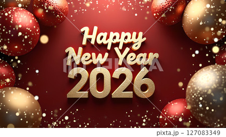 Festive Happy New Year 2026 Celebration with Sparkling Ornaments and Golden Text	newyear, year, happy, ornaments, celebration, greeting, festive, gold, red, background, holiday, decorative, event, shi 127083349
