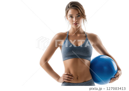 AI-generated item. Fit woman holding a blue exercise ball on transparent background. 127083413