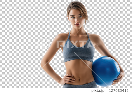 AI-generated item. Fit woman holding a blue exercise ball on transparent background. 127083413