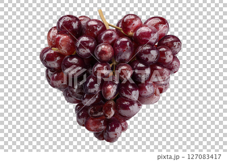AI-generated item. A heart-shaped bunch of fresh red grapes, with water droplets on a transparent background. 127083417