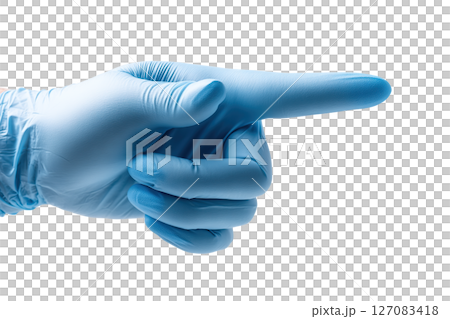 AI-generated item. A blue medical glove pointing to the right on a transparent background. AI-generated item. A blue medical glove pointing to the right on a transparent background. 127083418
