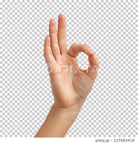 AI-generated item. Hand gesture showing OK sign on transparent background. 127083419