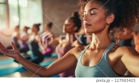 Close up woman doing yoga meditating indoors. Close-up portrait of a woman with her eyes closed, a girl doing breathing practices deep inside herself.  This is AI-generated item 127083425