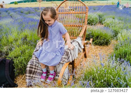 A girl with long, loose hair and a purple dress is sitting in a rocking chair in a lavender field A girl with long, loose hair and a purple dress is sitting in a rocking chair in a lavender field 127083427