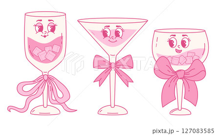 Groovy Glass Cocktail Coquette Character with Vintage Pink Ribbon Bow set. Isolated Aesthetic Romantic Drink Alcoholic and Non-Alcoholic. Girly Vibe. Vector illustration in Trendy 70s, 80s style Groovy Glass Cocktail Coquette Character with Vintage Pink Ribbon Bow set. Isolated Aesthetic Romantic Drink Alcoholic and Non-Alcoholic. Girly Vibe. Vector illustration in Trendy 70s, 80s style 127083585