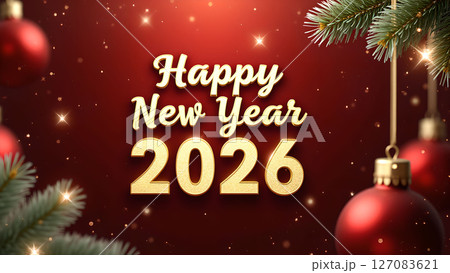 Festive 'Happy New Year 2026' card with ornaments and evergreen branches 127083621