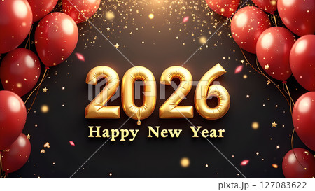 Elegant 2026 New Year Celebration Design with Golden Balloons and Confetti 127083622