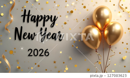 Elegant Happy New Year 2026 Celebration with Golden Balloons and Confetti Background 127083623