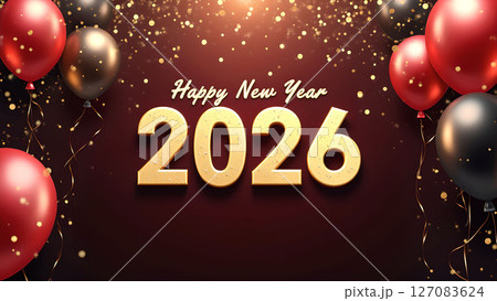 Festive Happy New Year 2026 Celebration with Balloons and Glittering Confetti 127083624