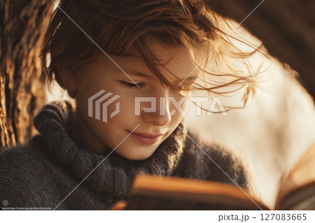 A close-up portrait of a teenager deeply immersed in reading a book under a large oak tree, away from urban noise A close-up portrait of a teenager deeply immersed in reading a book under a large oak tree, away from urban noise 127083665