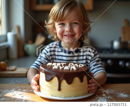 happy little boy in striped tee shirt holding a chocolate cake with icing text best dad ever. happy little boy in striped tee shirt holding a chocolate cake with icing text best dad ever. 127083751